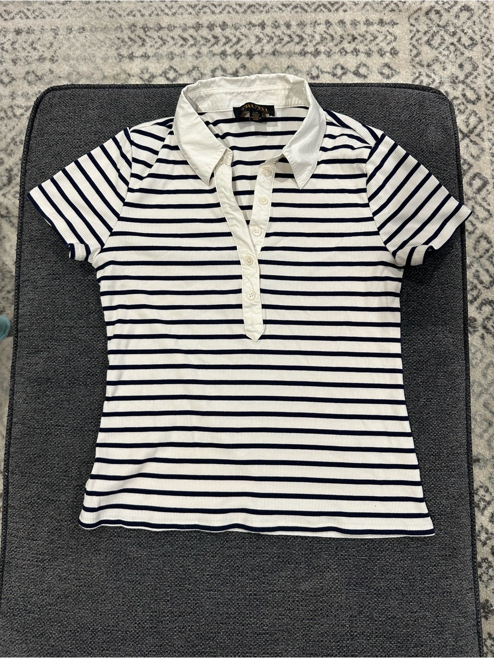 Women’s Short-Sleeve Striped Button-Down Polo Top in White and Navy
